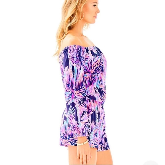 LILLY PULITZER Lana off shoulder romper in  Bright Navy Palms - Picture 4 of 9
